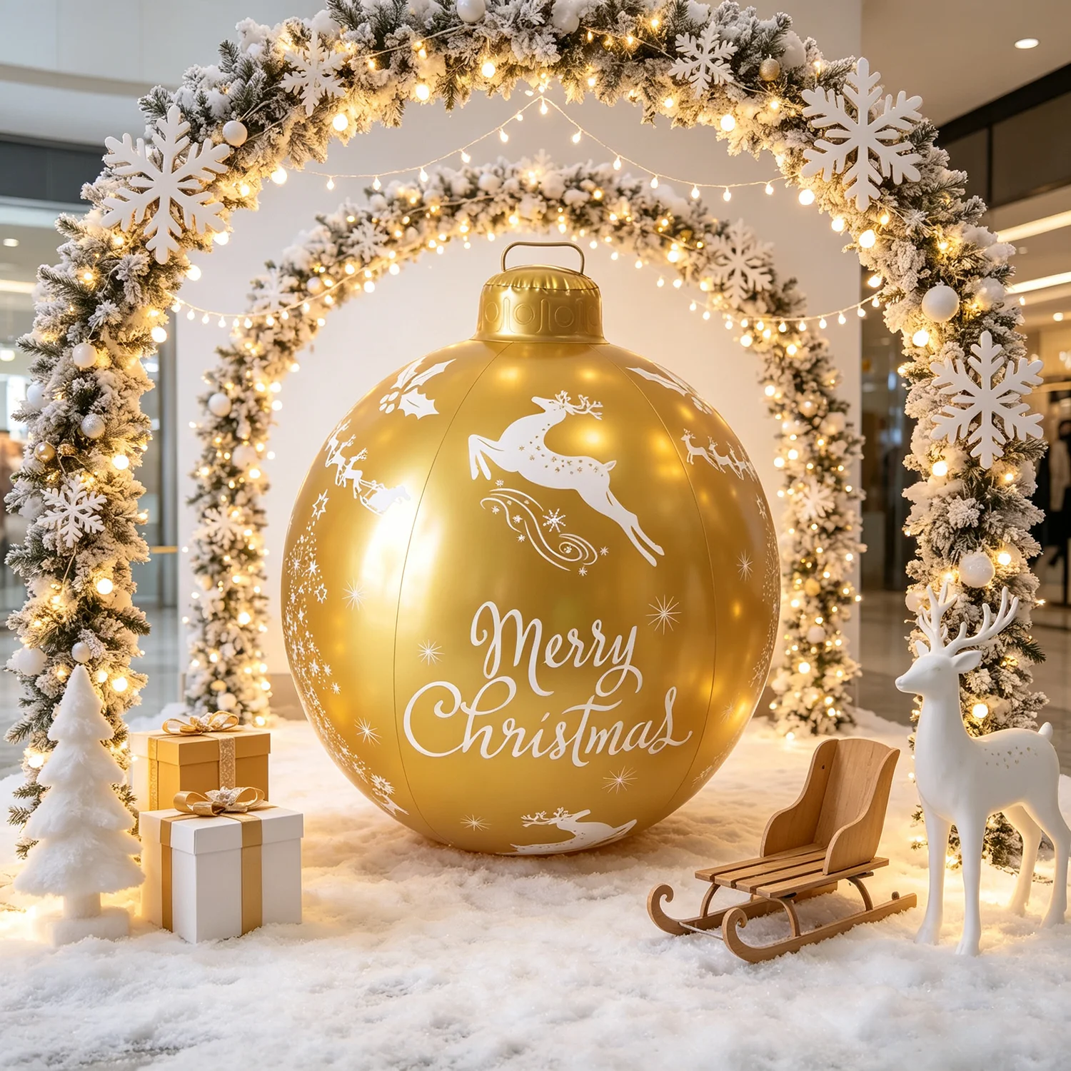 60cm Giant Inflatable Christmas Decoration Balls, Gold Reindeer Merry Christmas Print, Pvc Christmas Ball Ornaments, Suitable for Indoor and Outdoor Holiday Party Decorations