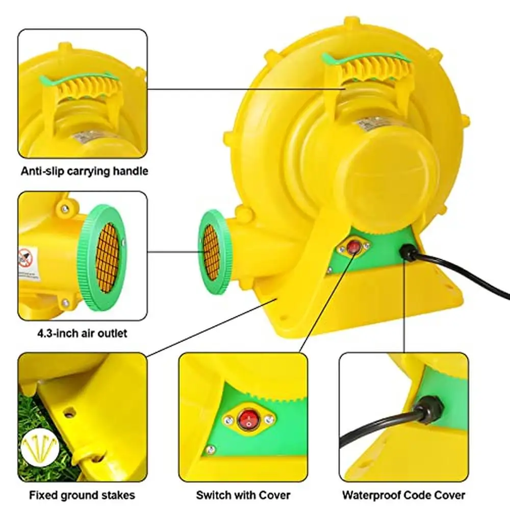 Soplador de Casa de rebote de alta potencia, 370W, 0.5HP, diseño de hoja de ventilador de doble cara, Mango antideslizante certificado UL/ETL para interior/exterior