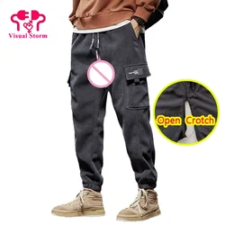 Men Winter Open Crotch Cargo Pants Hidden Zippers Sexy Pockets Themal Full Length Corduroy Warm Keep Casual Trousers Crotchless