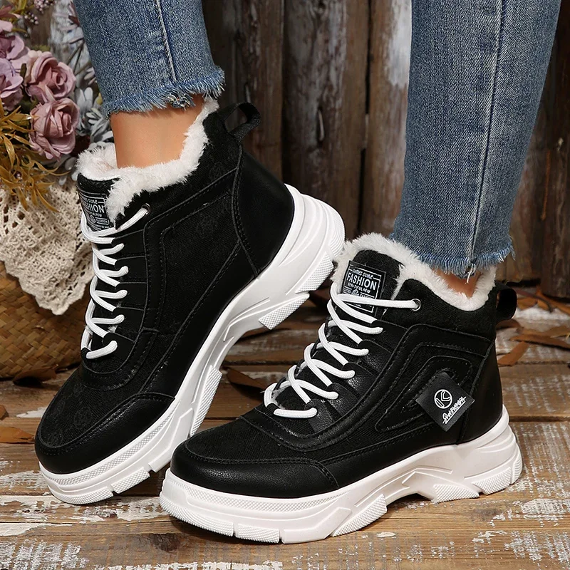 

Plush Warm Black Platform Woman's Sports Shoes 2026 Spring Soft Thick Bottom Sneakers Woman's Winter Vulcanized Shoes Plus Size
