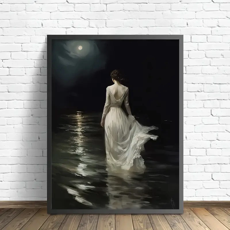 Modern Moonlight Enters The Black Water Wall Art Poster White Dress Goddess Canvas Prints for Living Room Bedroom & Home Decor