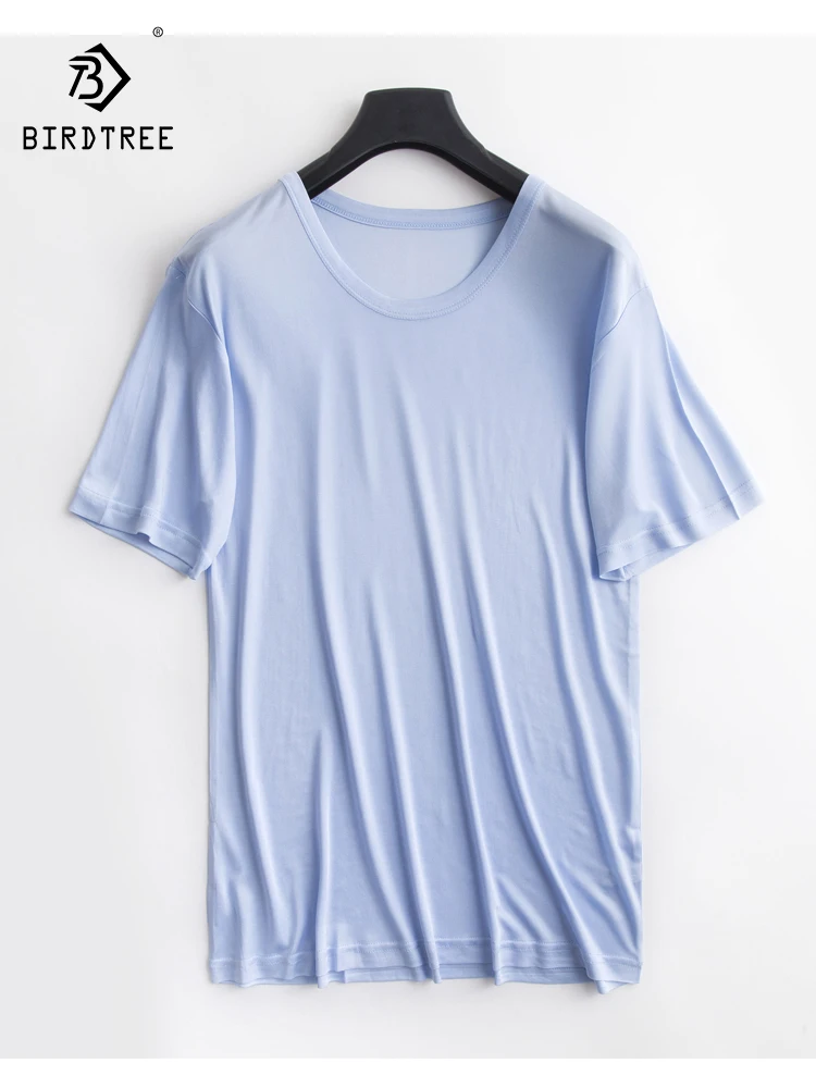 Birdtree Real Silk Casual Men's T-Shirt Short Sleeved Base Double-Sided Knitted Cultural T-Shirt 2024 Spring Summer New T41488QC