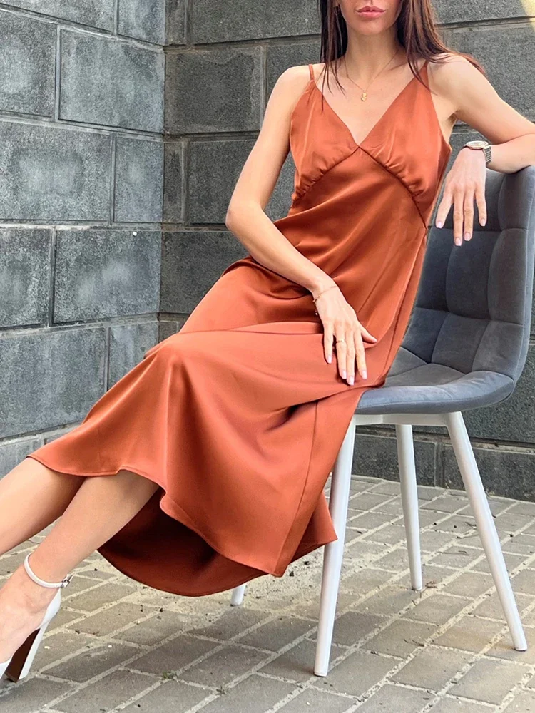 New Slim Satin Deep V-neck Dresses for Women 2024 Summer Backless Spaghetti Strap Dress Beautiful Elegant Women's Party Dresses