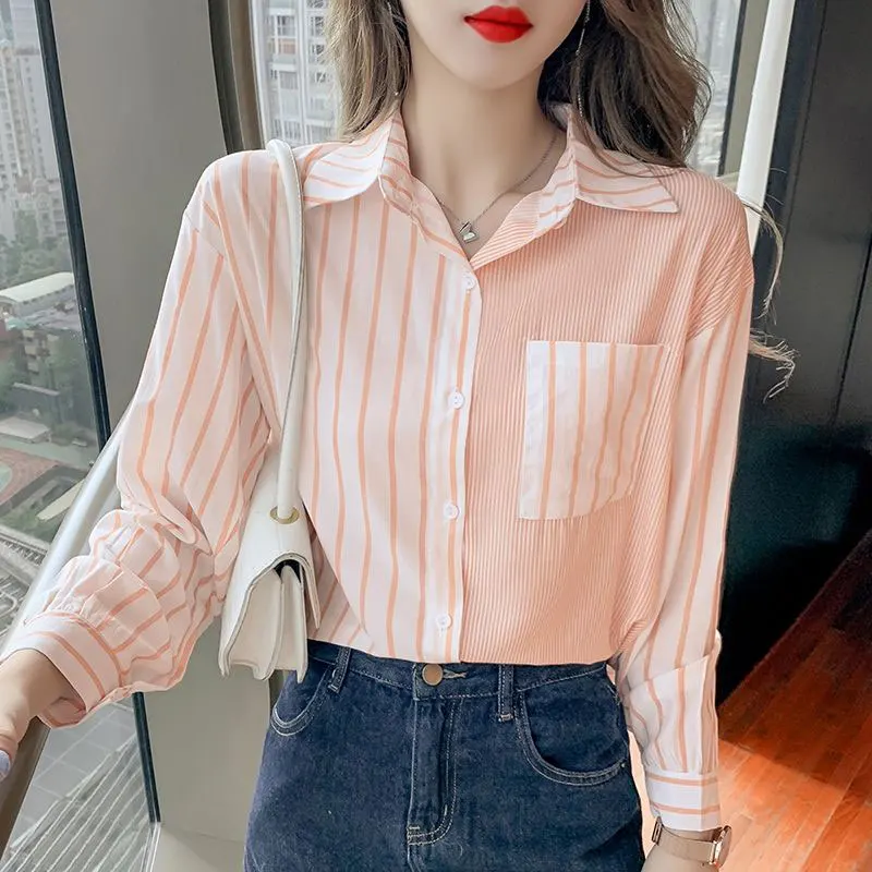 Women New Style Fashion Simplicity Striped Polo Collar Long Sleeve Shirts Women Clothes All-match Casual Loose Temperament Tops