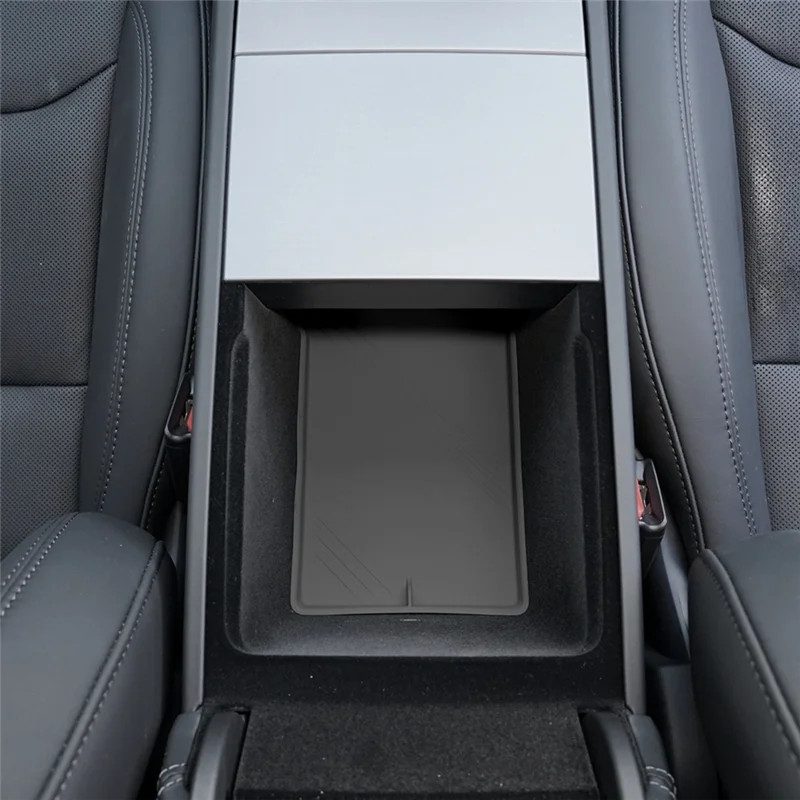 

Для Tesla Model 3 Highland 2024, органайзер для центральной консоли + подлокотник для хранения + вставка-держатель для чашки + коврик для беспроводной зарядки, черные детали
