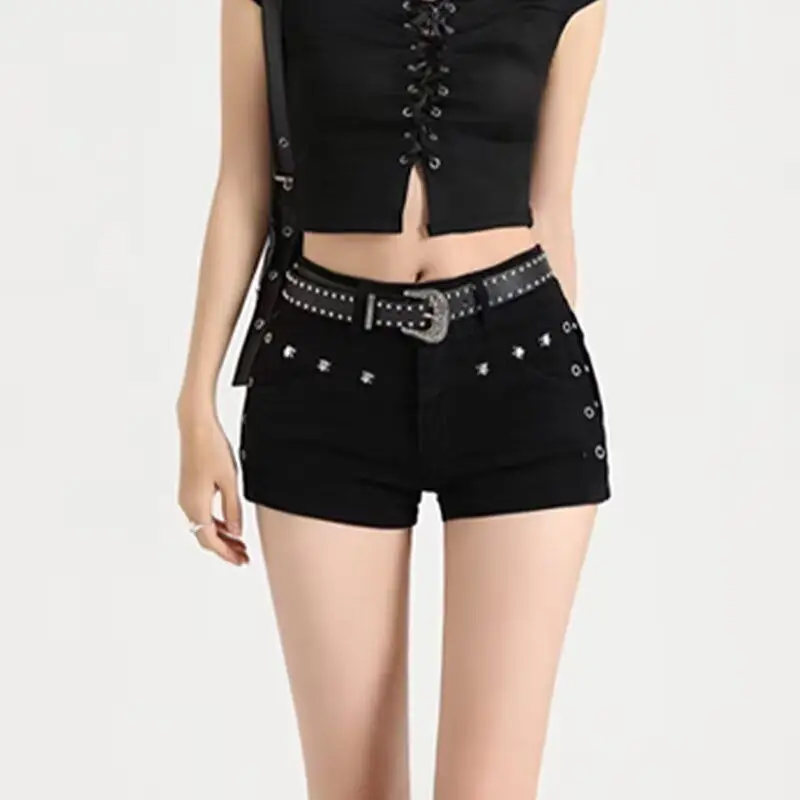 

Y2K Sexy Black Flared Denim Shorts Women Summer Rivet Hot Low Waist Slim Fit Butt Short Hot Pants High Waist Resin Color Cott...