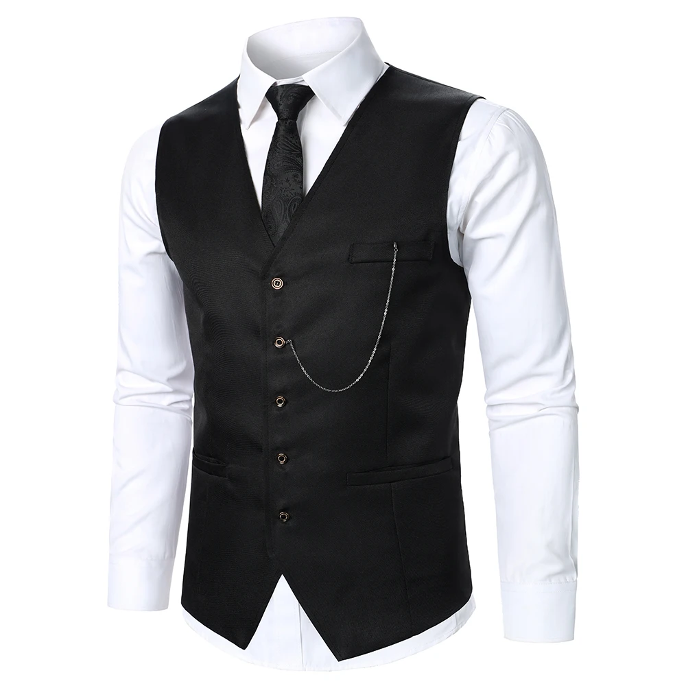 Men Suit Vest Coat Solid Color Metal Chain Decoration Classic Design Leisure Business Fashion Slim Fit Men Suit