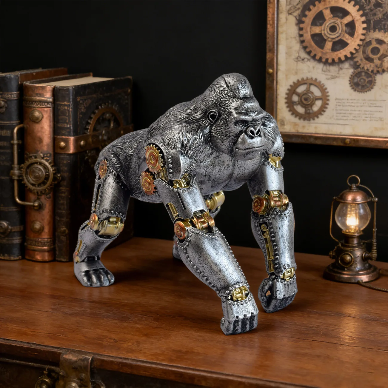 Steampunk Mechanical Tiger Lion Gorilla Rhinoceros Statues Retro Industrial Animal Sculpture Home Room Desk Office Decor Resin