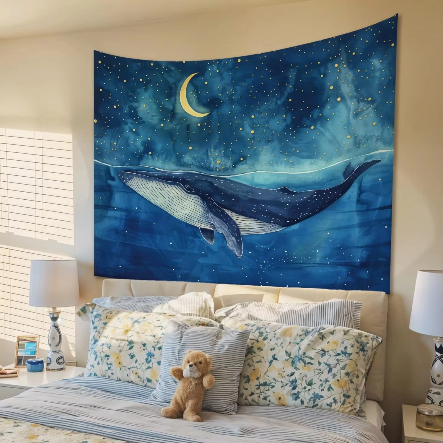 Starry Night Whale Tapestry, Ocean Blue Nursery Wall Hanging for Kids Bedroom Dorm Room Accessories