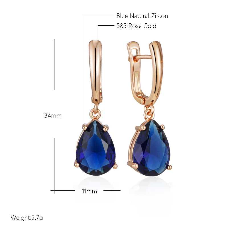 Kinel New Water Drop Dark Blue Long Dangle Earrings for Women 585 Rose Gold Color Natural Zircon Wedding Earrings Daily Jewelry