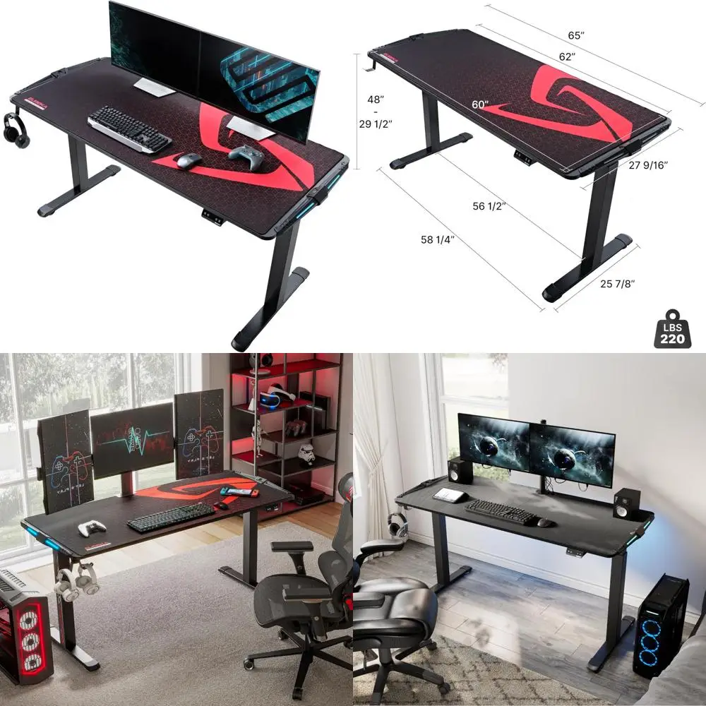 

65 Inch Ergonomic Electric Adjustable Gaming Desk with RGB LED Lights and Extended Features