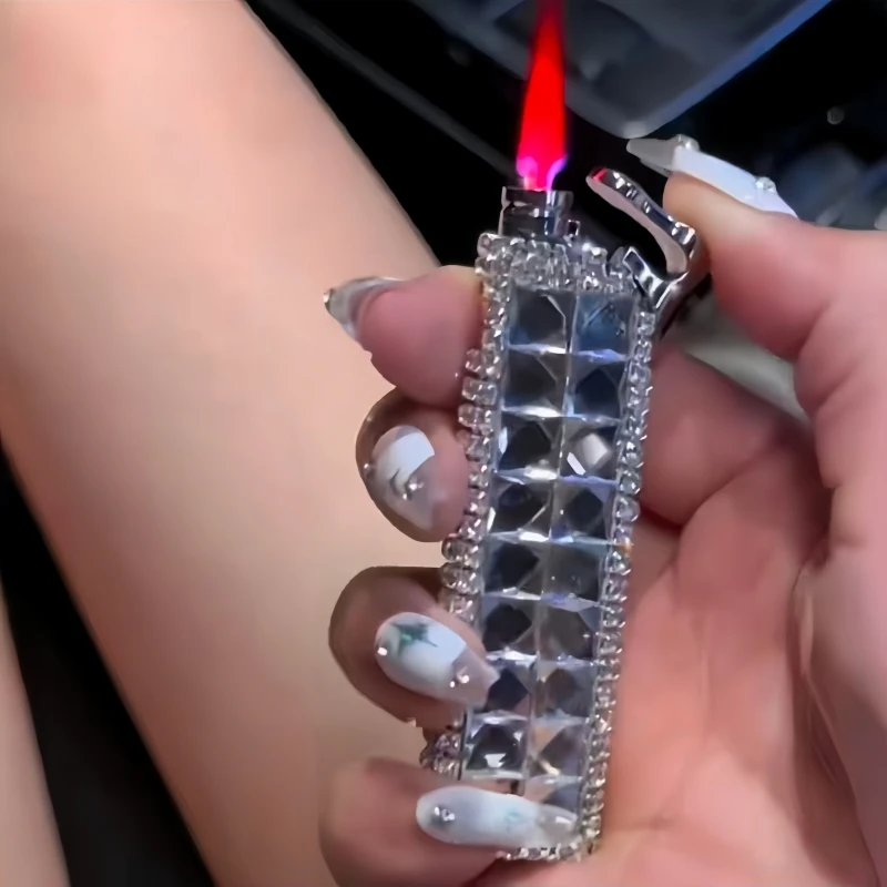 

Personalized Diamond Inlaid Inflatable Pink Women's Lighter Straight Forward Windproof Red Flame Igniter Inflatable Lighter Gift
