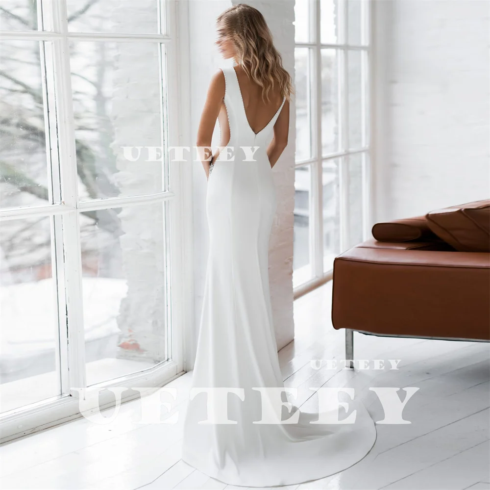 UETEEY Customized Simple Sleeveless Cut Out V Neck Crepe Mermaid Wedding Dress Sexy Illusion Open Back Court Train Bridal Gown