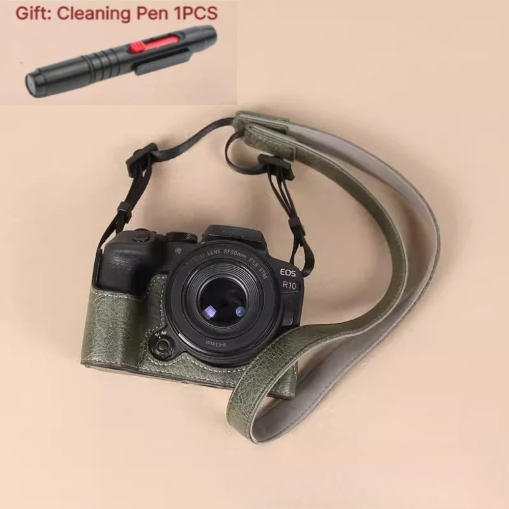 For Canon EOS R10 PU Leather Cover Protective case Micro-single camera bag, Half set of retro +1PCS Free Cleaning Pen