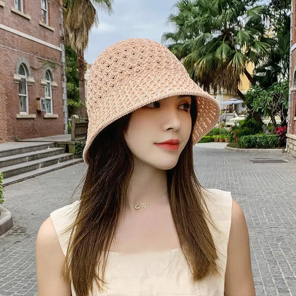 Summer Sun Hat Crochet Floppy Collapsible Dome Bucket Hat Hollow Pure Color Simplicity Soft Beach Caps For Women Onesize N6P3