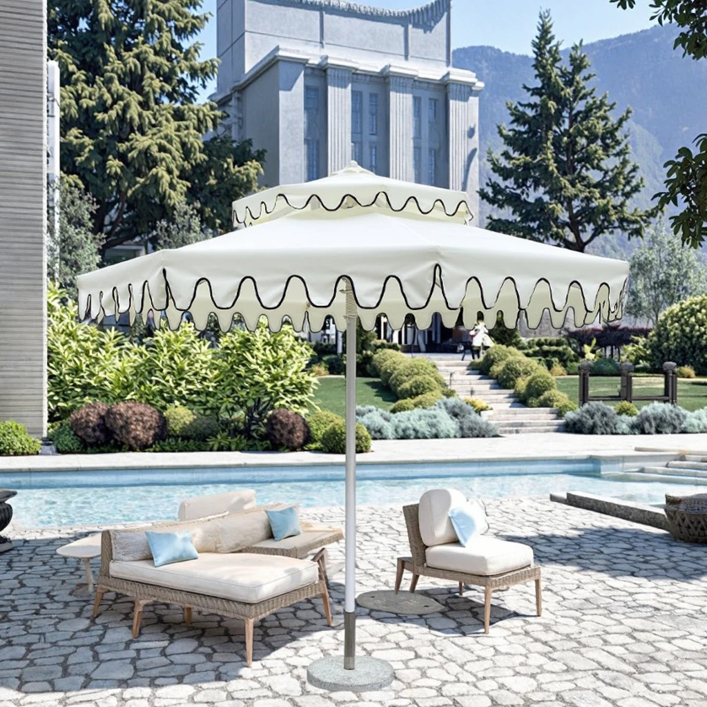 Custom Double Top Aluminum Patio Umbrella With Scallop Sun Garden Fringe For Outdoor Market Beach Or Pool