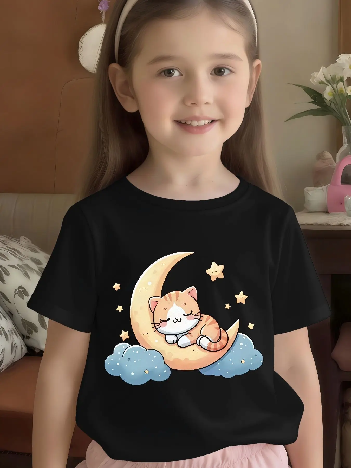 Sleeping Cat On Moon Star Cloud Cartoon T Shirt Boys Girls Family Match Cotton Short Sleeve Summer Children Casual Basic Wear