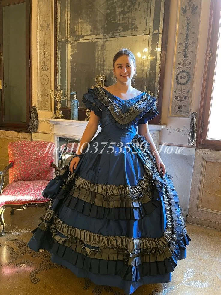 Royal Blue Fluffy Victorian Prom Dress Rococo Mary Antoinette Satin Pleated Set Women's Medieval vestidos de fest