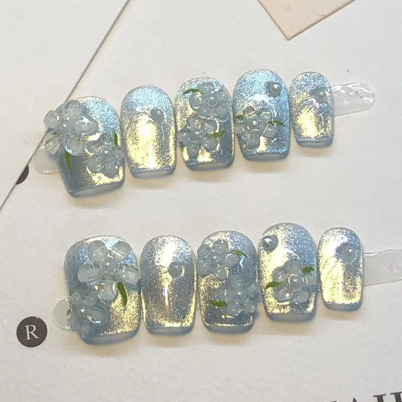 

10pcs Handmade Press on Nails Summer 3D Small Flower Light-Chasing Cat's Eye Fake Nail for Women&Girls Detachable Wearable Nail