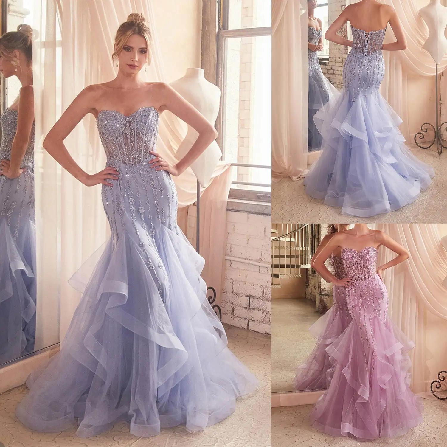 

Princess Mermaid Evening Dress Sweetheart Sequins Beaded Prom Gowns Ruffled Sweep Train Formal Dresses Vestidos De Noche