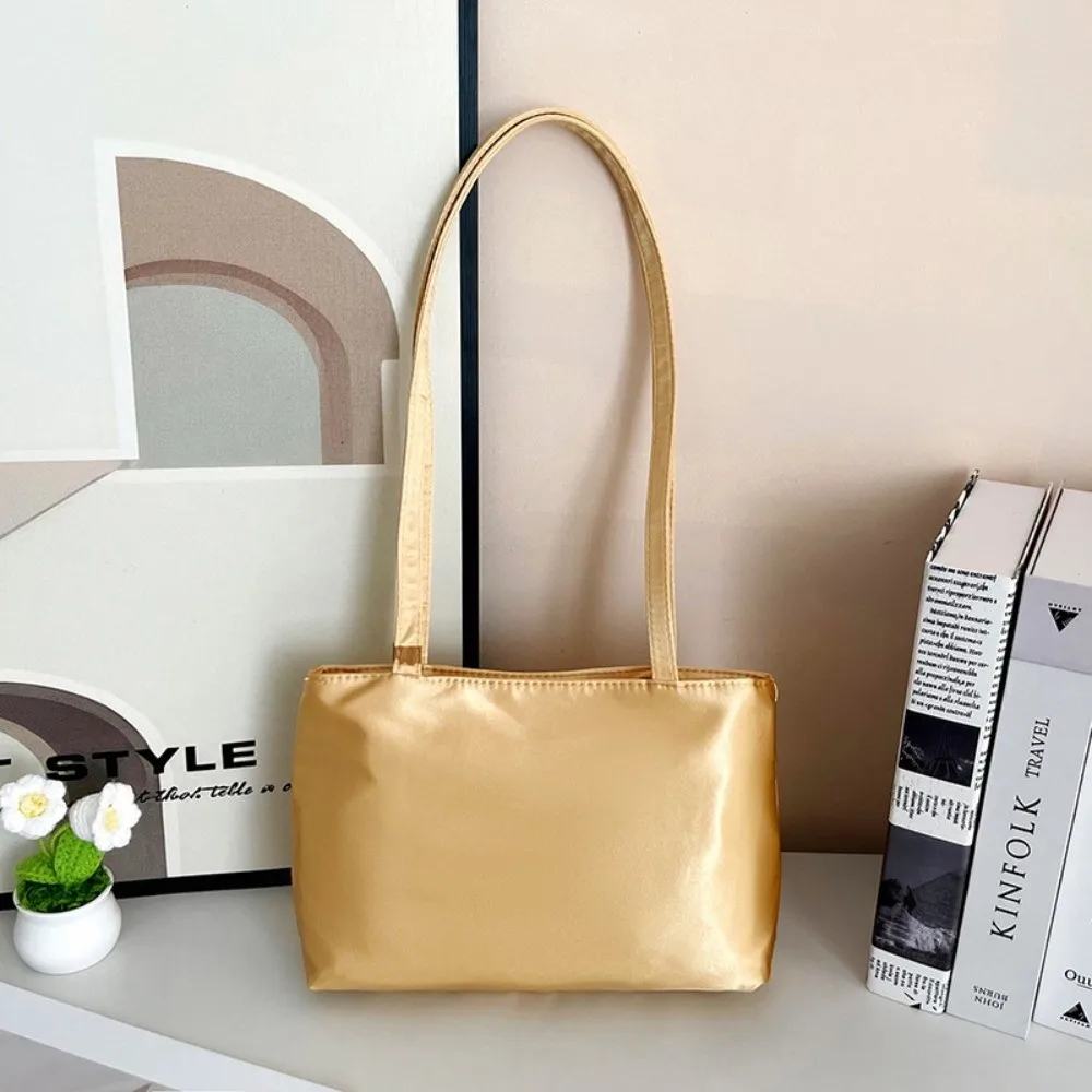 Chic Nylon Silk-like Shoulder Bag Solid Color Waterproof Underarm Bag Square Shape Macaron Tote Bag Daily Casual Use