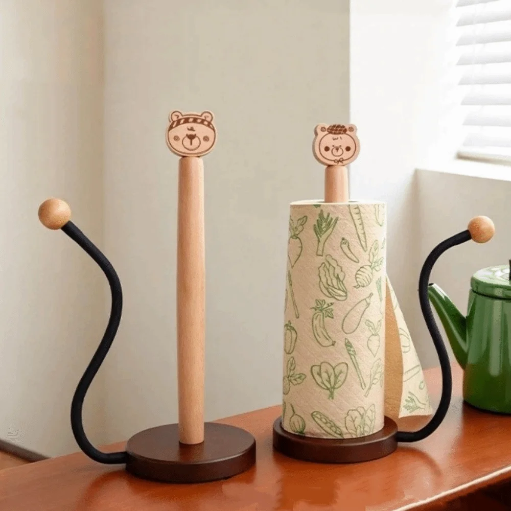 Free Standing Wooden Roll Paper Towel Holder Stable One-handed Tear Disposable Paper Holder Cartoon Bear Decorative