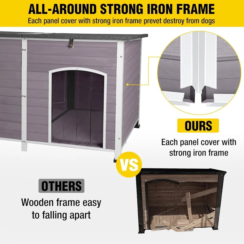 Perrera grande con aislamiento para perros al aire libre, 59 pulgadas, marco de hierro, diseño a prueba de invierno