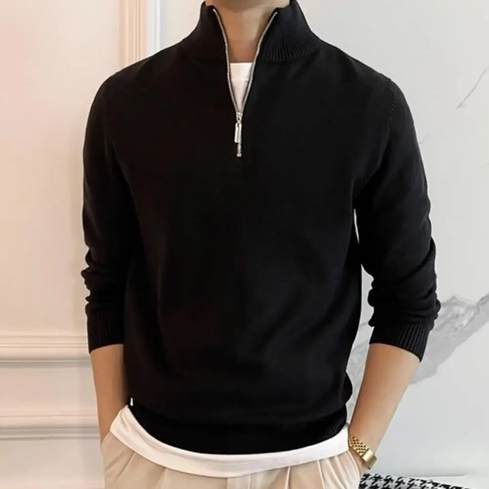 

Men Solid Color Pullover Sweater Half Zipper Neckline Sweater Retro Knitted Men's Sweater with Zippered Half-high for Fall