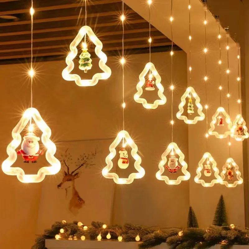 Guirxiété Lumineuse LED de Noël, Nouvel An, Père Noël, Rideau de Dessin Animé, Chambre, Fenêtre, Jardin, Décoration de Vacances Créative, Disposition de Scène, 2024