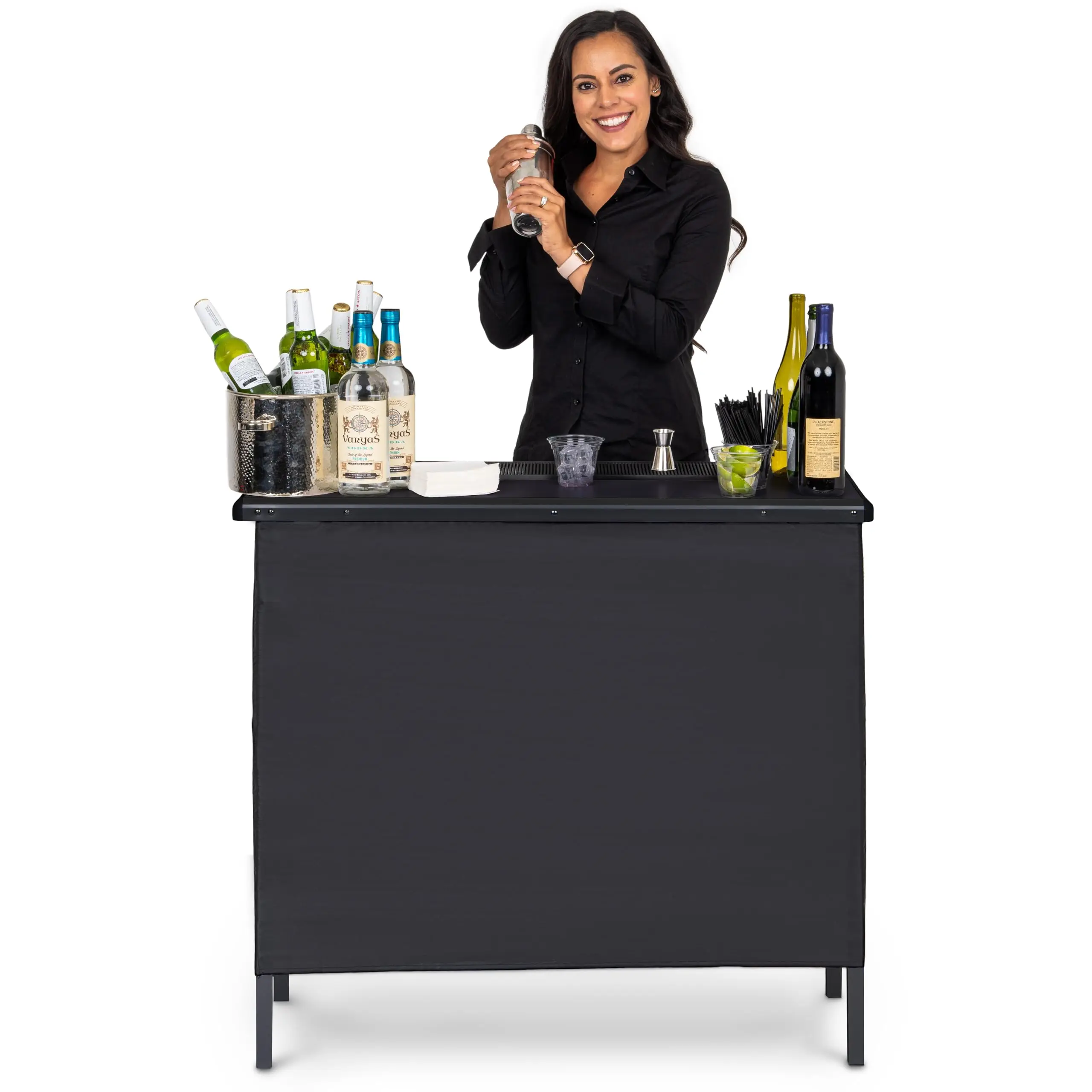 

Mobile Folding Bartending Counter For Parties – Black Pop-Up Bar With 3 Skirts And Carry Case