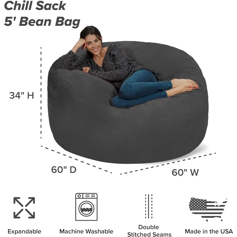 Bean Bag Chair: Giant 5' Memory Foam Furniture Bean Bag - Big Sofa with Soft Micro Fiber Cover - Charcoal