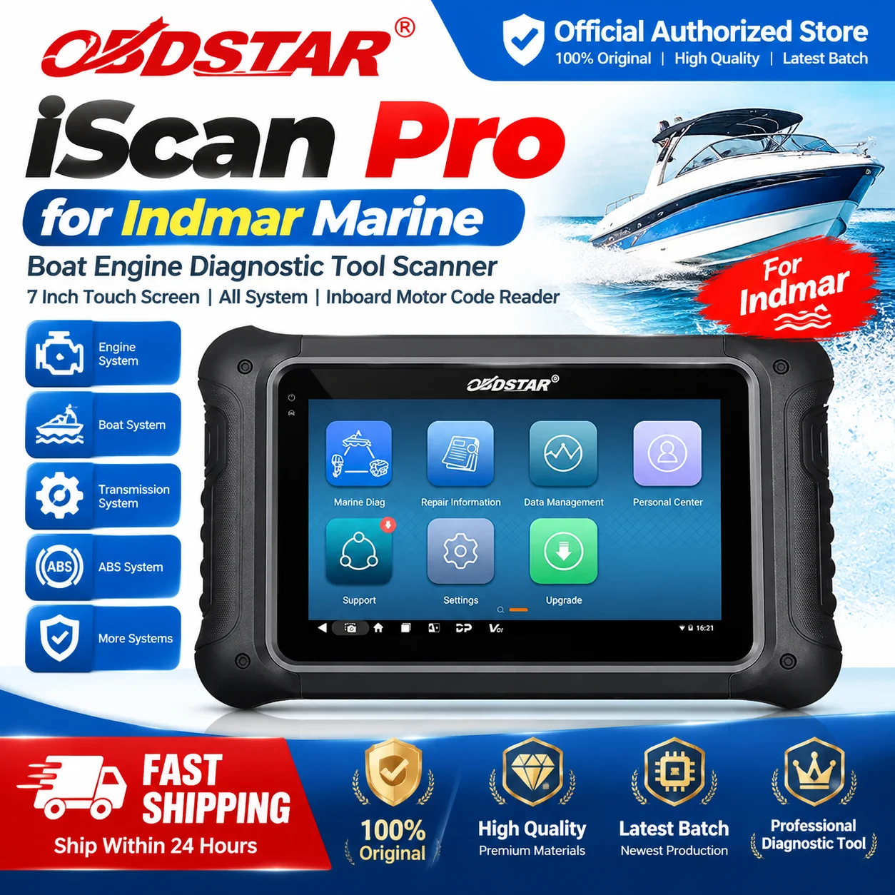 OBDSTAR iScan Pro for Indmar Marine Boat Engine Diagnostic Tool Scanner 7 Inch Touch Screen All System Inboard Motor Code Reader