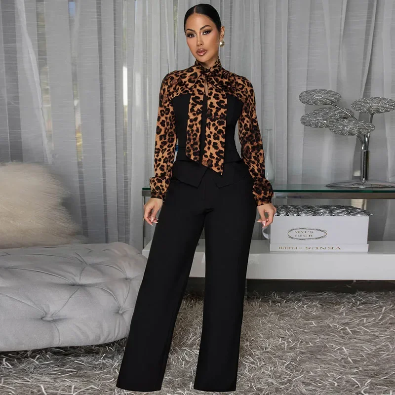 

Doyerl леопардовый лоскутный стиль рубашки, комбинезоны для женщин, элегантный винтажный комбинезон с длинными рукавами и высокой талией, цельный комбинезон, женский комбинезон