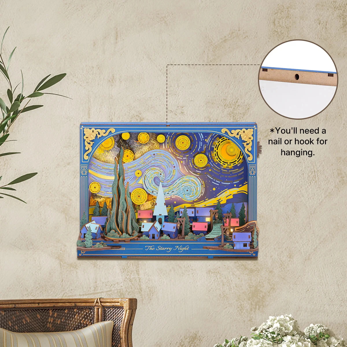 Robotime The Starry Night Wall Art Puzzle in legno 3D in movimento con ingranaggi luminosi a LED Decorazione da scrivania interattiva Regalo unico fai da te per adulti