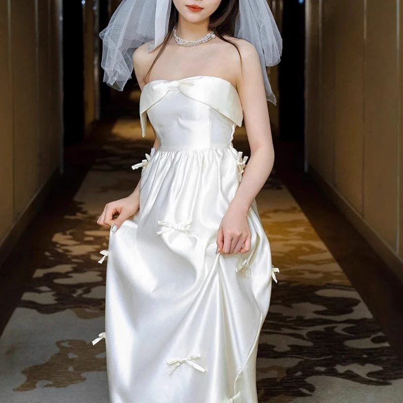 Customized Korean Simpl Ehigh End Strapless Wedding Party Dresses Fairy Bow Appliques Slim Waist Stain Gown Elegant Temperament