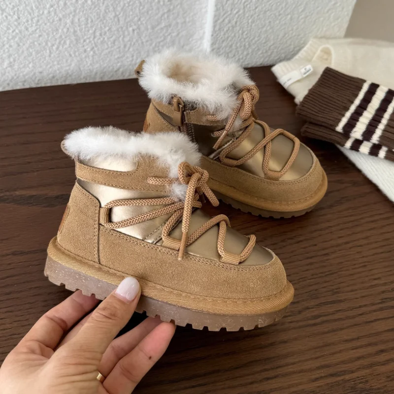 Children's wool warm and thick snow boots autumn  winter Korean version girls' tied windproof cotton boots boys' short boots