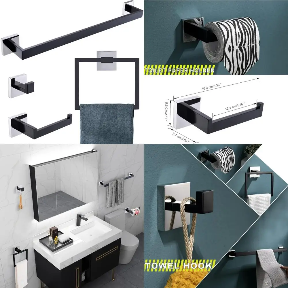 

Stainless Steel 4-Piece Black Bathroom Towel Bar Set, Wall Mount Hardware Accessories Kit for Bath, Polished Finish.