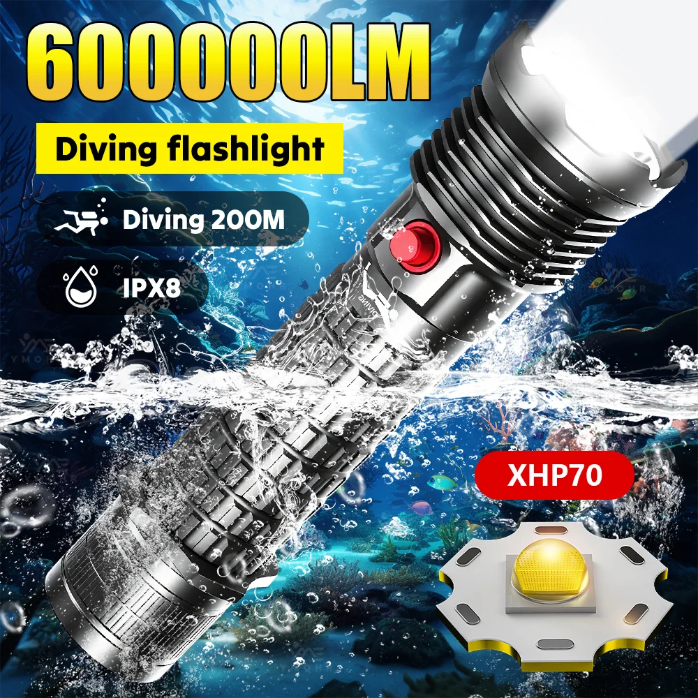 مصباح تحت الماء مستوى التأمين من الماء IPX8 مصباح يدوي تحت الماء قابلة للشحن مقاومة الانزلا2025 جديد الغوص مصباح يدوي IPX8 مقاوم للماء قابلة للشحن تحت الماء الغوص الشعلة 600000LMWhite الضوء الأصفر Freediving مصباح يدوي