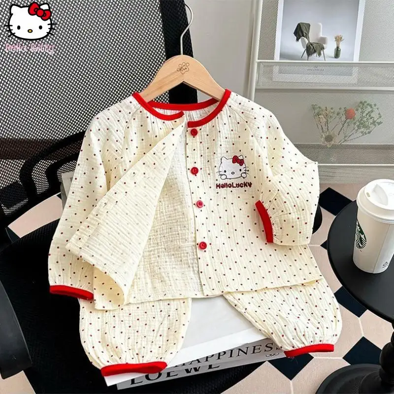

Hello Kitty Girl Kawaii пижамы с длинными рукавами с героями мультфильмов аниме весна осень Sanrio новые марлевые хлопковые брюки домашняя одежда милая
