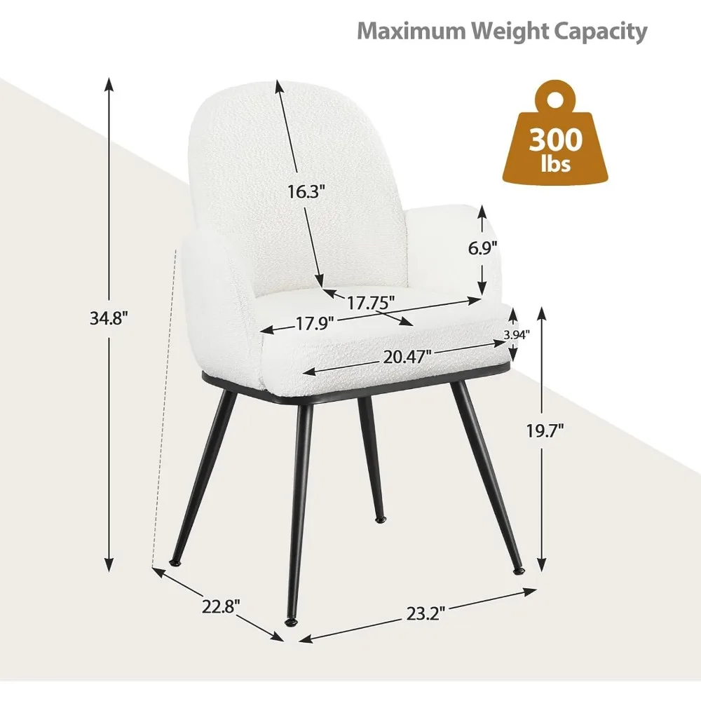 Set di 2 sedie da pranzo moderne bianche, braccioli e gambe robuste in metallo, imbottite in tessuto boucle, comode e resistenti per il pranzo R