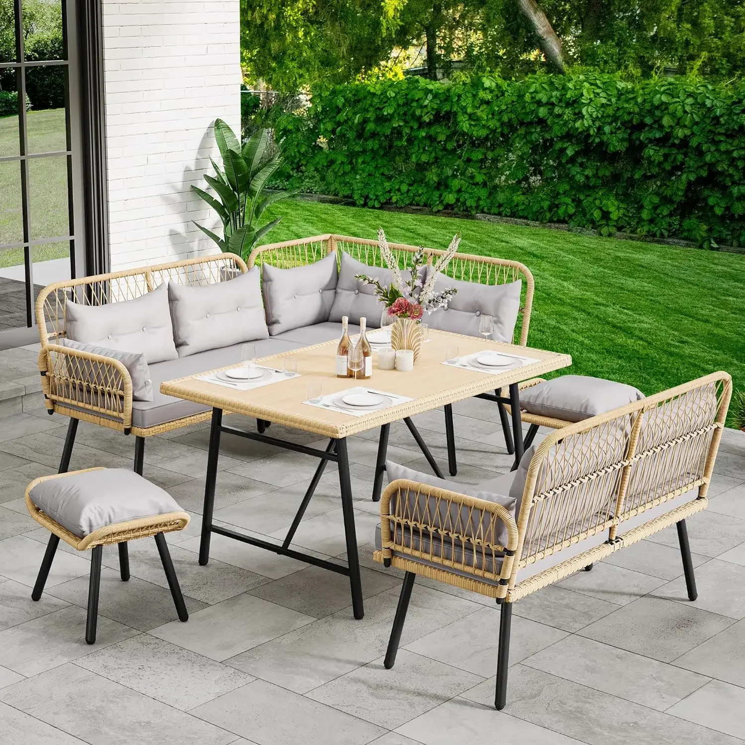 Patio Wicker L-Shaped Furniture Set, All-Weather Rattan Outdoor Conversation Sofa Set for Backyard Deck with Soft Cushions