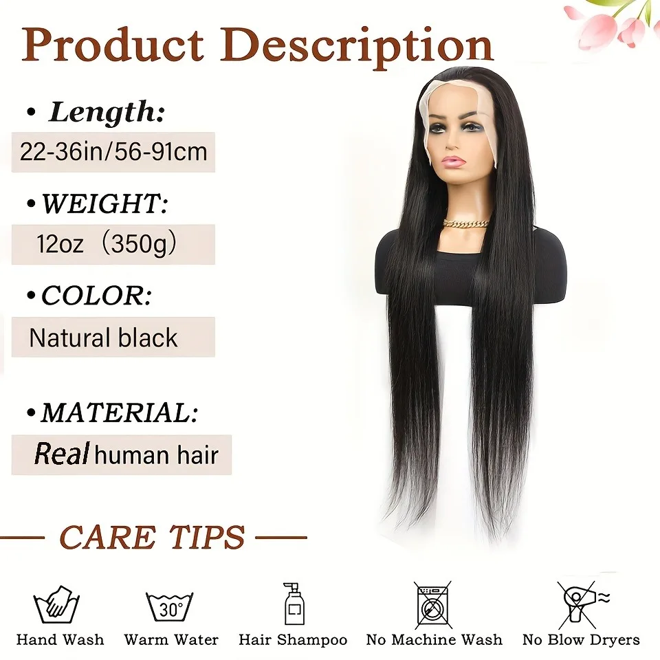 13x4 Lace Front Wig Human Hair 200% Density Straight Pre-Plucked HD Transparent Lace Frontal Wig with Natural Black Color