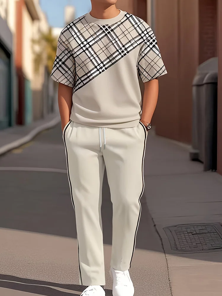 

2025 летний новый мужской костюм, повседневный удобный уличный модный костюм с короткими рукавами и длинными брюками, полосатый уличный мужской костюм с принтом