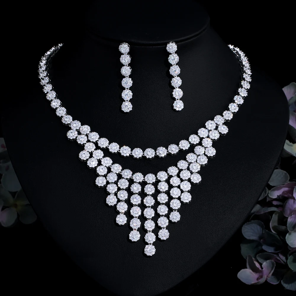 CWWZircons Bling Round Dangle Drop CZ Zirconia Tassel Wedding Bridal Big Necklace Dubai UAE Luxury Jewelry Sets for Women T727