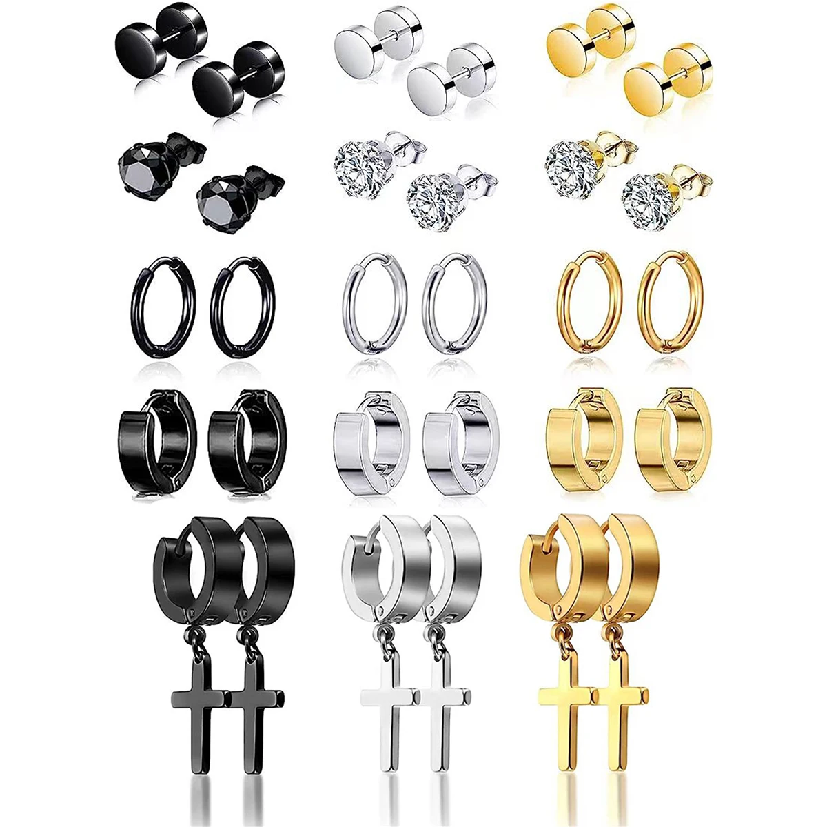 15 Pairs of Stainless Steel Cross Hinge WOMEN'S AND MEN'S Earrings Set with Gold-plated Ring Earrings and Silver Black Earrings