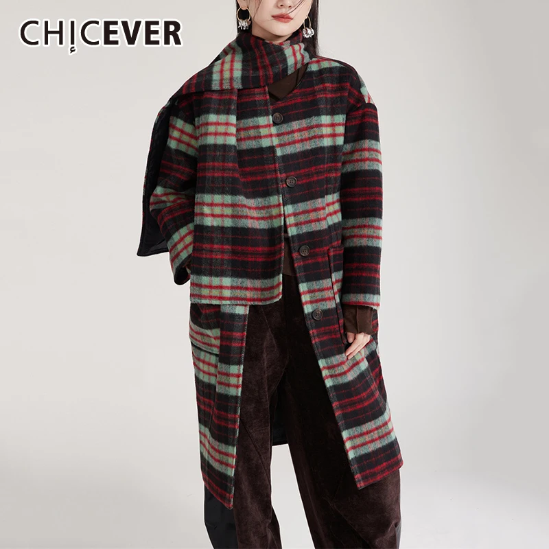 

CHICEVER Retro Plaid Color Patchwork Jacket For Women Round Collar With Scarf Spliced Buttons Long Style Wool Coat Female Winter