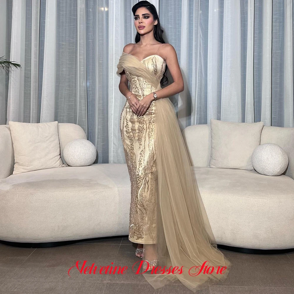 Requintado cetim sereia vestido de noite apliques de luxo lantejoulas personalizado vestidos de baile temperamento painel trem vestidos de celebridades