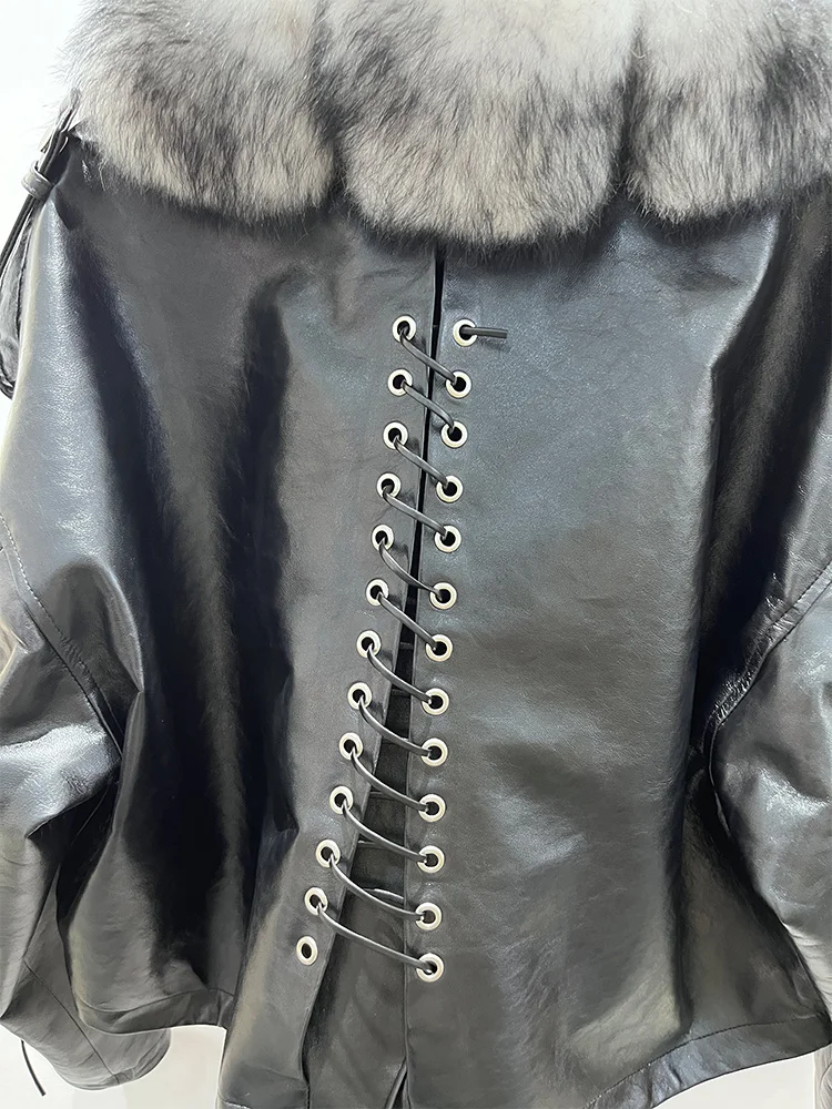 Cappotto con collo in pelliccia di volpe naturale di nuova moda Giacca da donna in vera pelle di montone Giacca da motociclista di lusso calda Cappotti femminili
