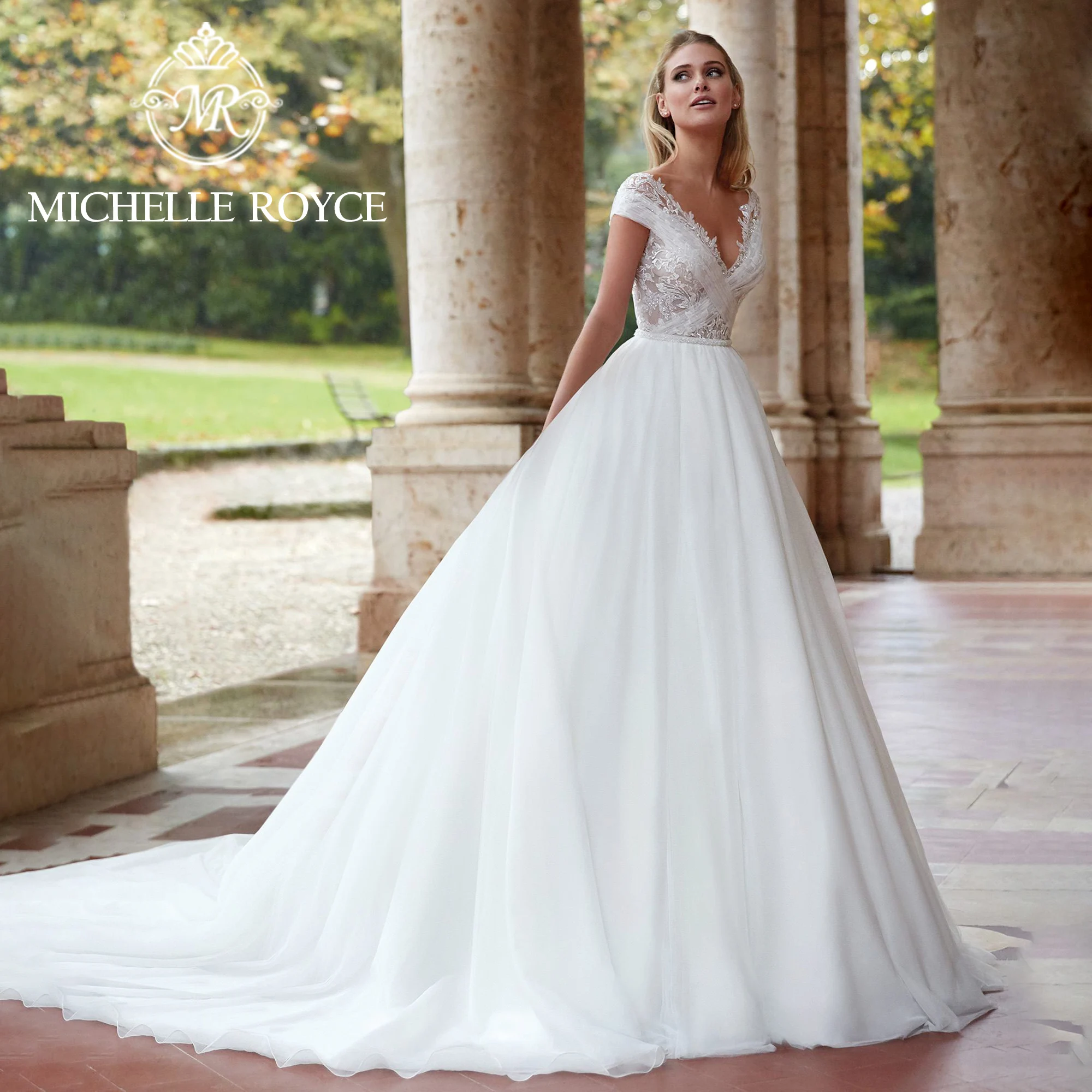 

Michelle Royce Ball Gown Wedding Dress 2023 Sweetheart Short Sleeve Appliques Organza Illusion Wedding Gown Vestidos De Novia