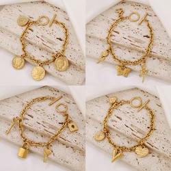 316L Stainless Steel Vintage Queen Portrait Coin Bracelet Women Men Hanging Butterfly Heart Lock Key Chain Bracelet Jewelry Gift